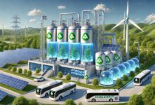 A Futuristic And Clean Hydrogen Production Facility Set Against A Backdrop Of Clear Blue Skies And Lush Green Landscapes. The Facility Features Advanc