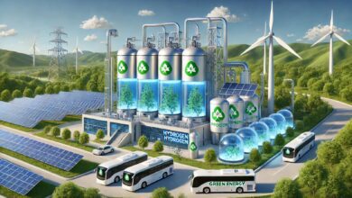 A Futuristic And Clean Hydrogen Production Facility Set Against A Backdrop Of Clear Blue Skies And Lush Green Landscapes. The Facility Features Advanc